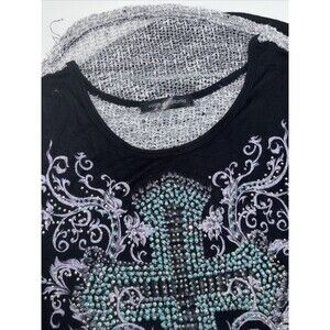 Voice Of California TankTop Womens Size S Black Sleeveless Turquoise Cross Bling